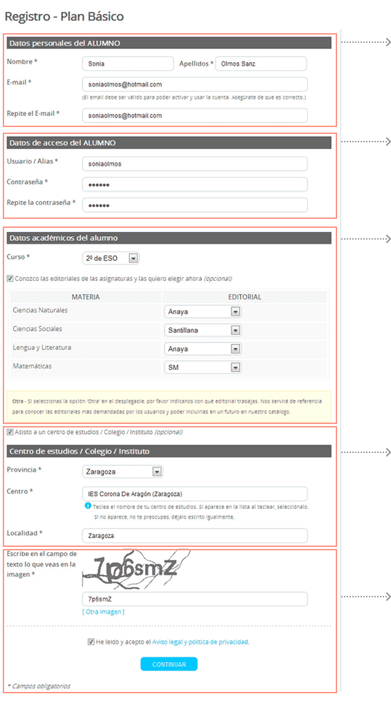 Datos personalies del ALUMNO - Datos de acceso del ALUMNO - Datos académicos del ALUMNO - Centro de estudios / Colegio / Instituto - CAPTCHA y Aviso Legal