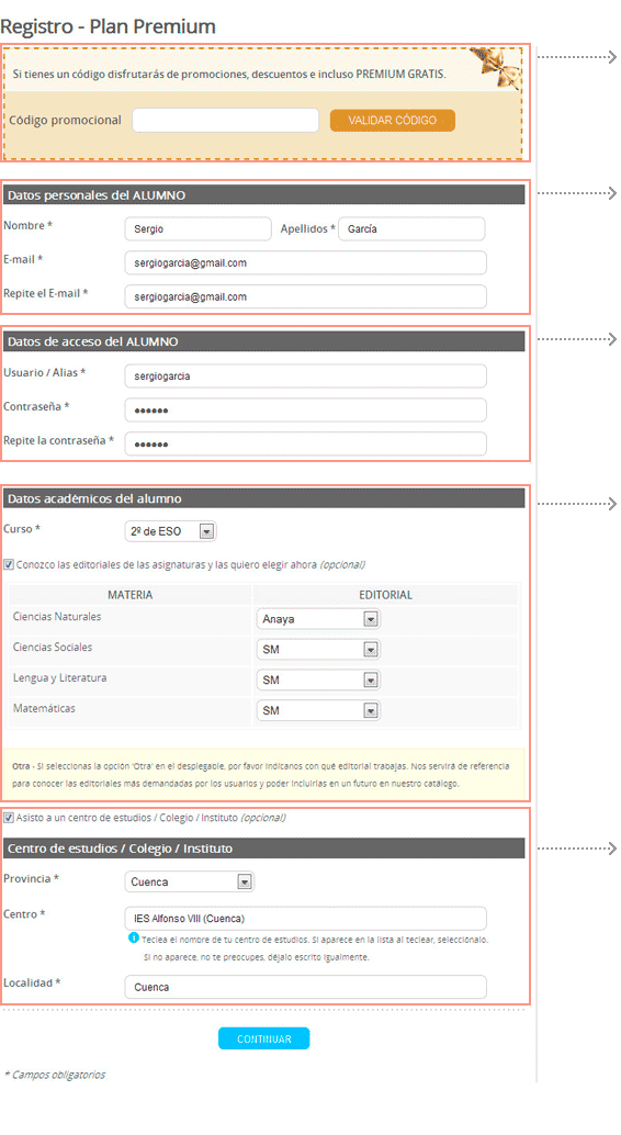 Código promocional - Datos personales del ALUMNO - Datos de acceso del ALUMNO - Datos académicos del ALUMNO - Centro de estudios / Colegio / Instituto