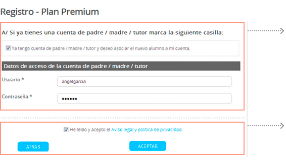 Datos personales del padre / madre / tutor - Datos de acceso del padre / madre / tutor