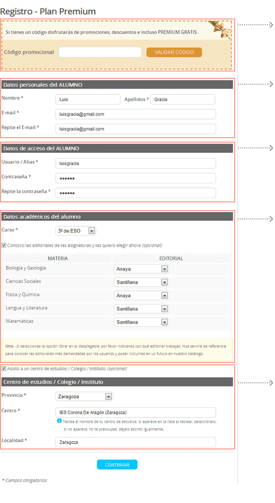 Código promocional - Datos personales del ALUMNO - Datos de acceso del ALUMNO - Datos académicos del ALUMNO - Centro de estudios / Colegio / Instituto