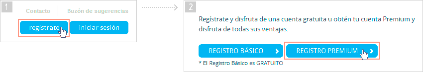 Pulsar botón "regístrate" y después el botón "Registro PREMIUM