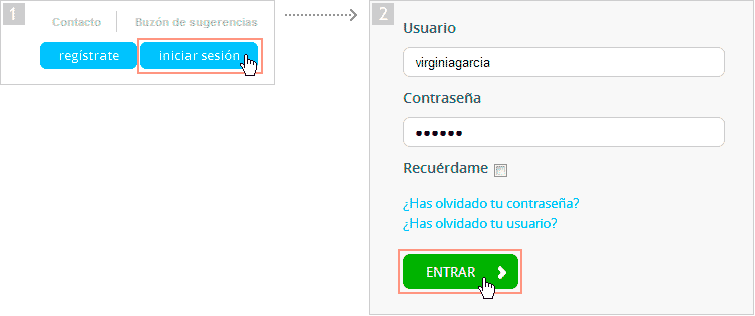 Pulsar botón "iniciar sesión" y después el botón "ENTRAR"