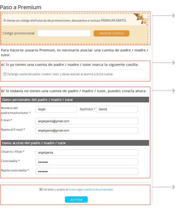 Codigo promocional - Si ya tienes una cuenta de Padre/Madre/Tutor - Si no tienes una cuenta de Padre/Madre/Tutor - Aviso Legal y Politica de Privacidad